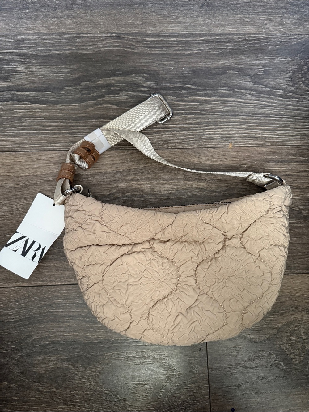 ZARA Quilted Beige Crescent Shoulder Bag with Canvas Strap